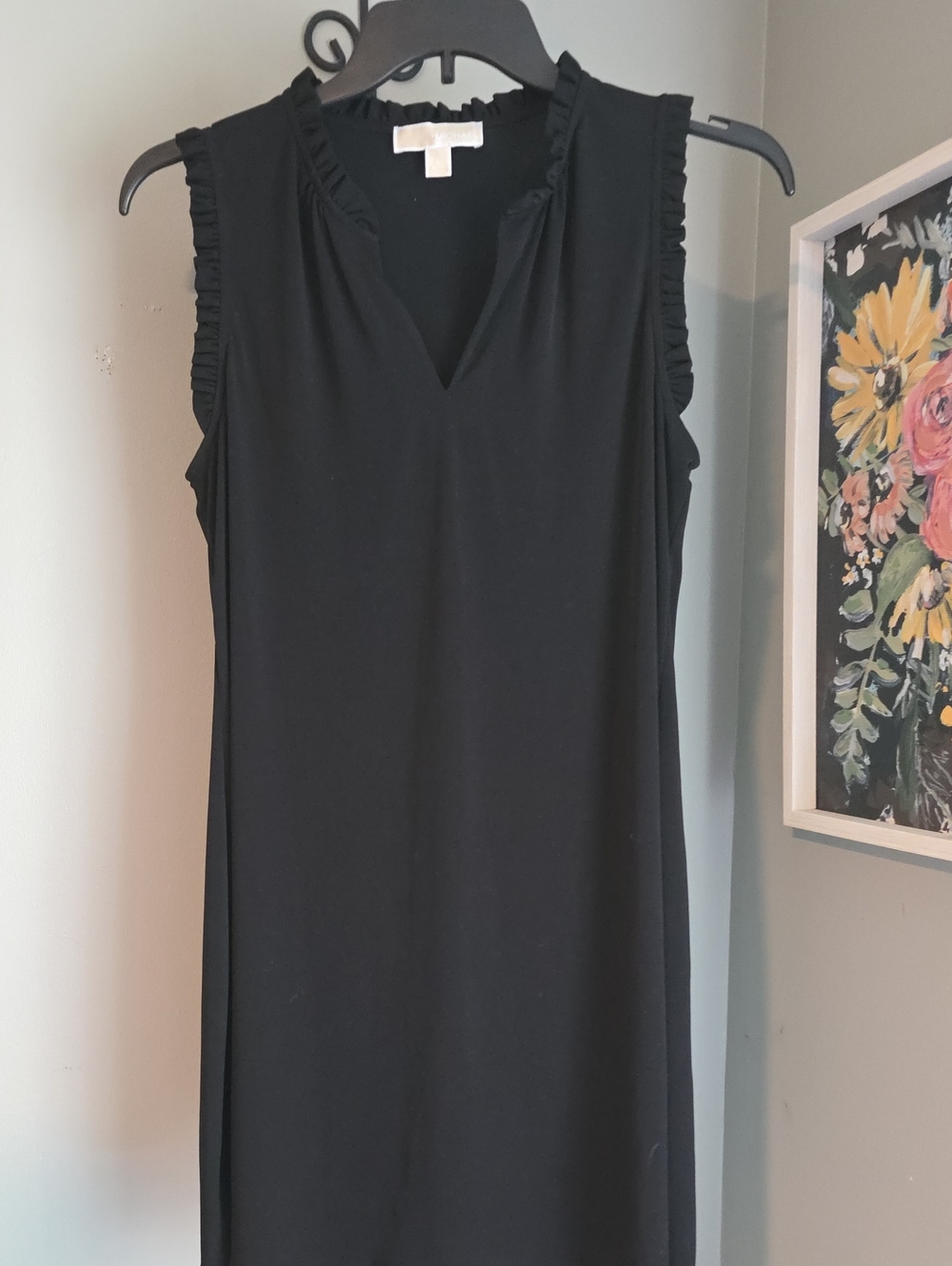 Michael Kors Sleeveless Ruffle-Trim V-Neck Black Dress Size L